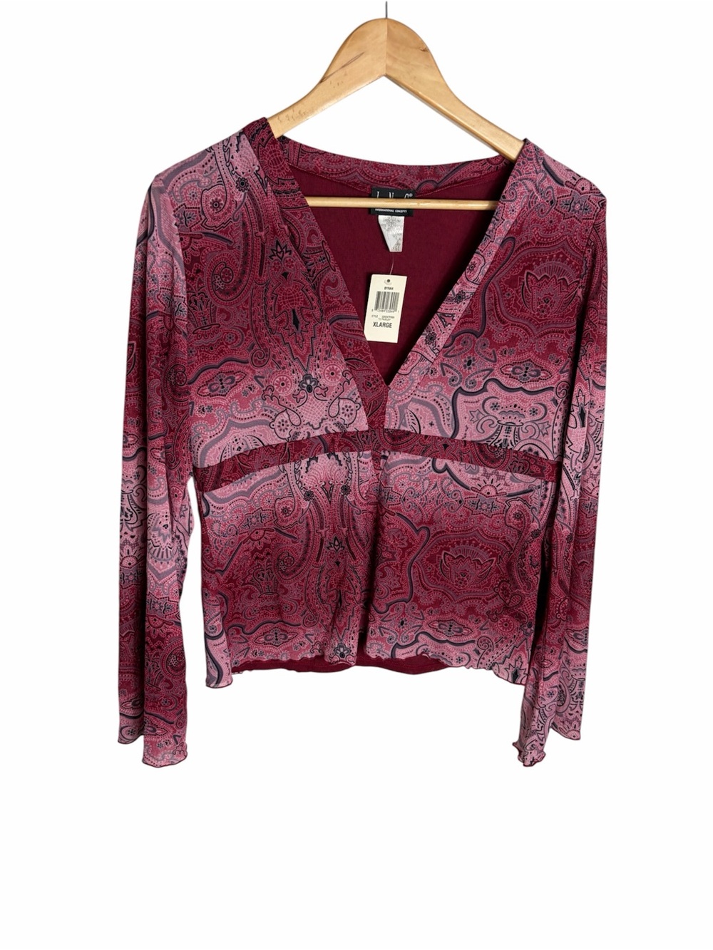 NWT Y2K I.N.C. Red & black nylon mesh paisley v neck blouse size XL